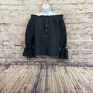 Lucky Brand Blue Floral Stripe Linen Button Off The Shoulder Top NWOT